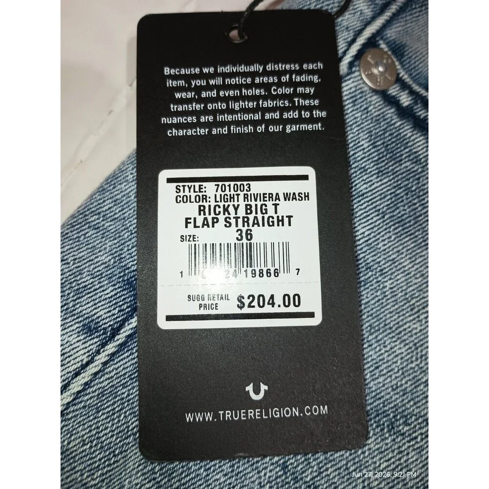 TRUE  RELIGION Light Wash Denim Cotton Relaxed Straight Flap Jeans (XP0053) NEW